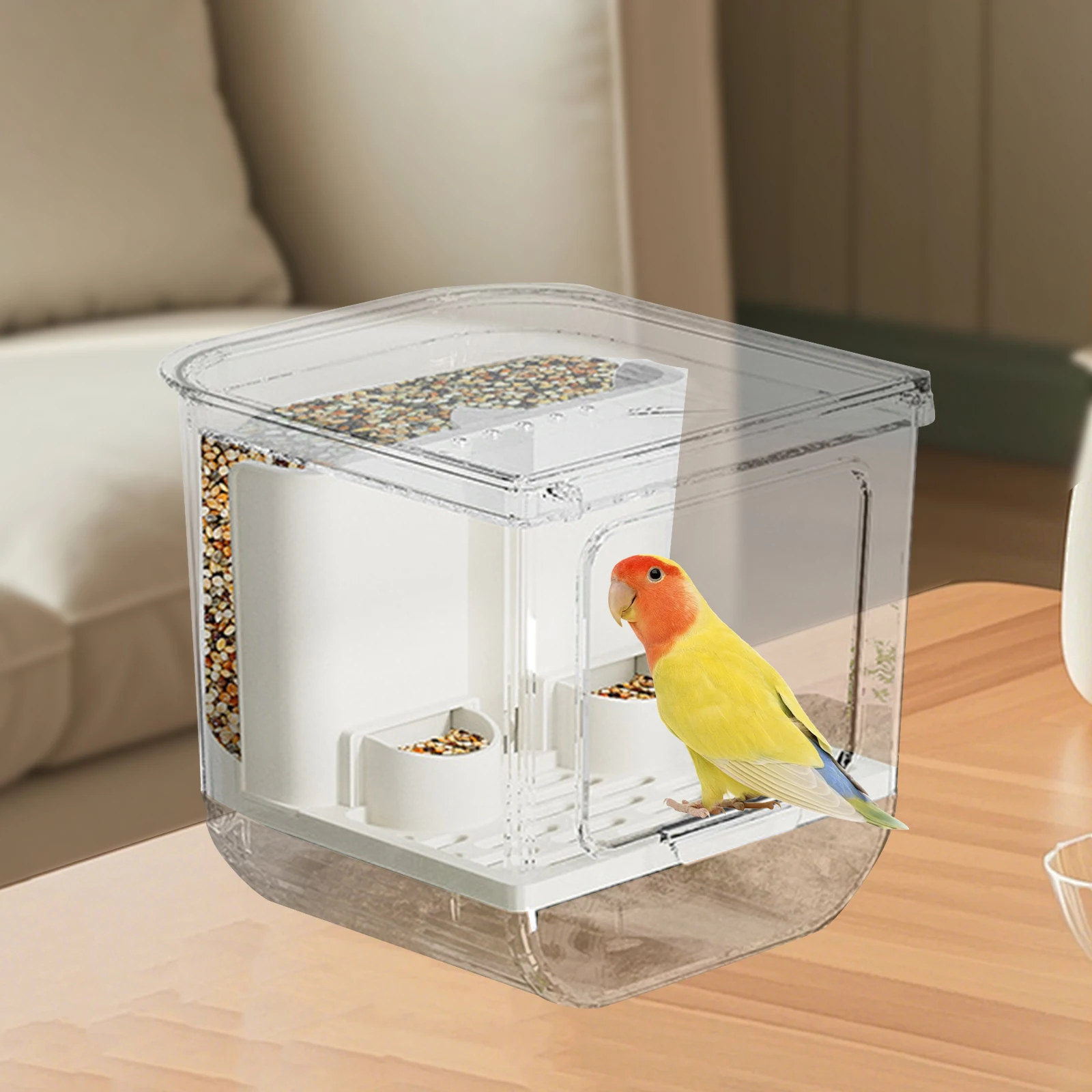 Comedero automático para pájaros, dispensador de comida, accesorios transparentes para jaulas de alimentación, contenedor para mascotas pequeñas, periquitos, canarios, 16,5x18x16,6 cm