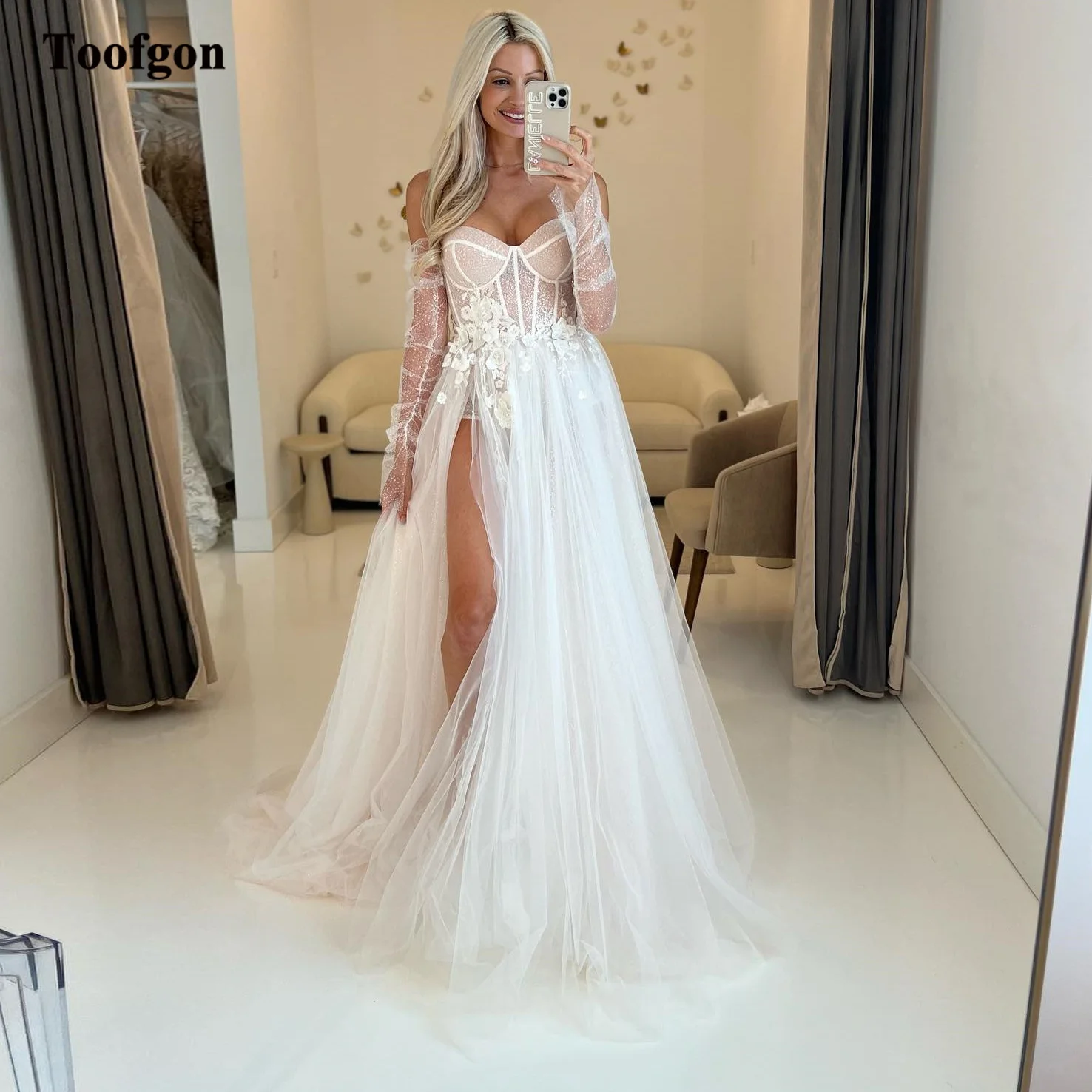 

Toofgon Shiny Beach Wedding Dresses Detachable Long Sleeves Bride Wedding Gowns Sweetheart High Split Side Bridal Party Dress