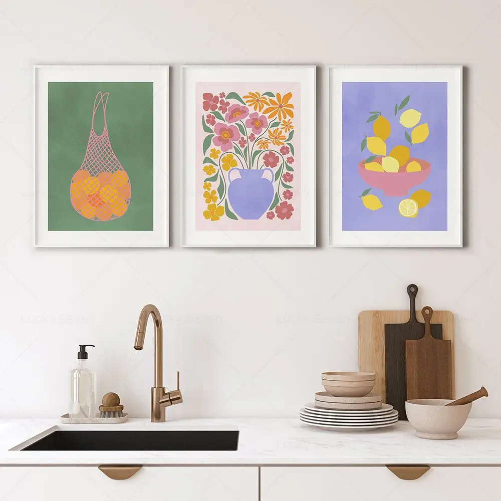 Modern Kitchen Decor Fruit Prints Colorful Lemons Oranges Wall Art Watercolor Flower Vase Canvas Painting Home Decoration Poster