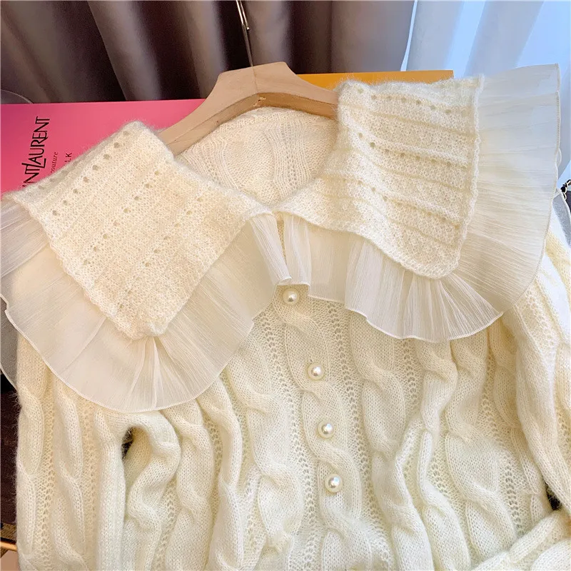 Cute Ruffles Doll Collar Pink Short Sweater Chic Pearl Button Knitted Jumper Pullover 2024 New Spring Long Sleeve Twist Knit Top