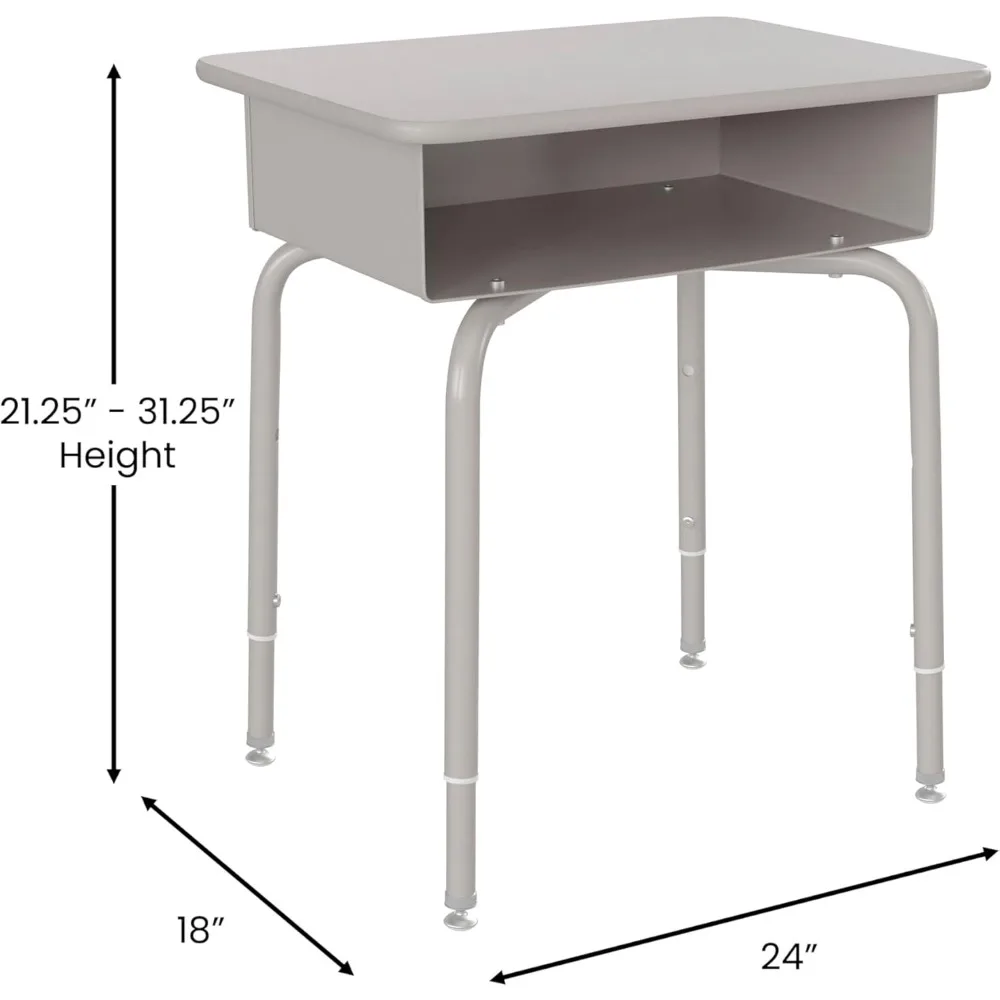 Buckley Student Desk - Gray Faux Granite Finished Top -- Silver Metal Frame - Open Front Book Box - Pencil Storage Grooves