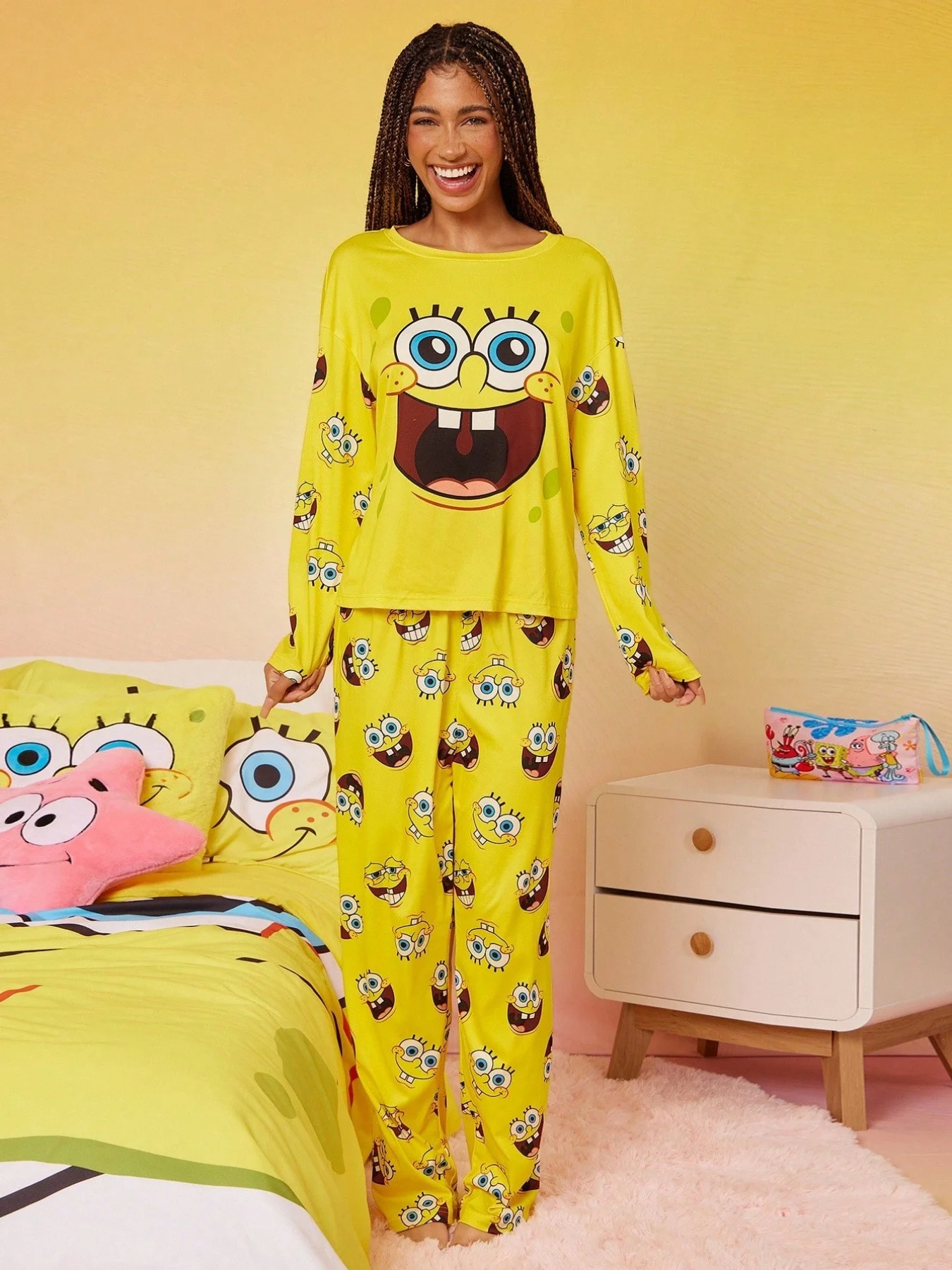 

SpongeBob SquarePants | Cartoon Cute Funny Face Print Crew Neck Long Sleeves Top And Pants, Fall/Winter Pajamas Clothes Set