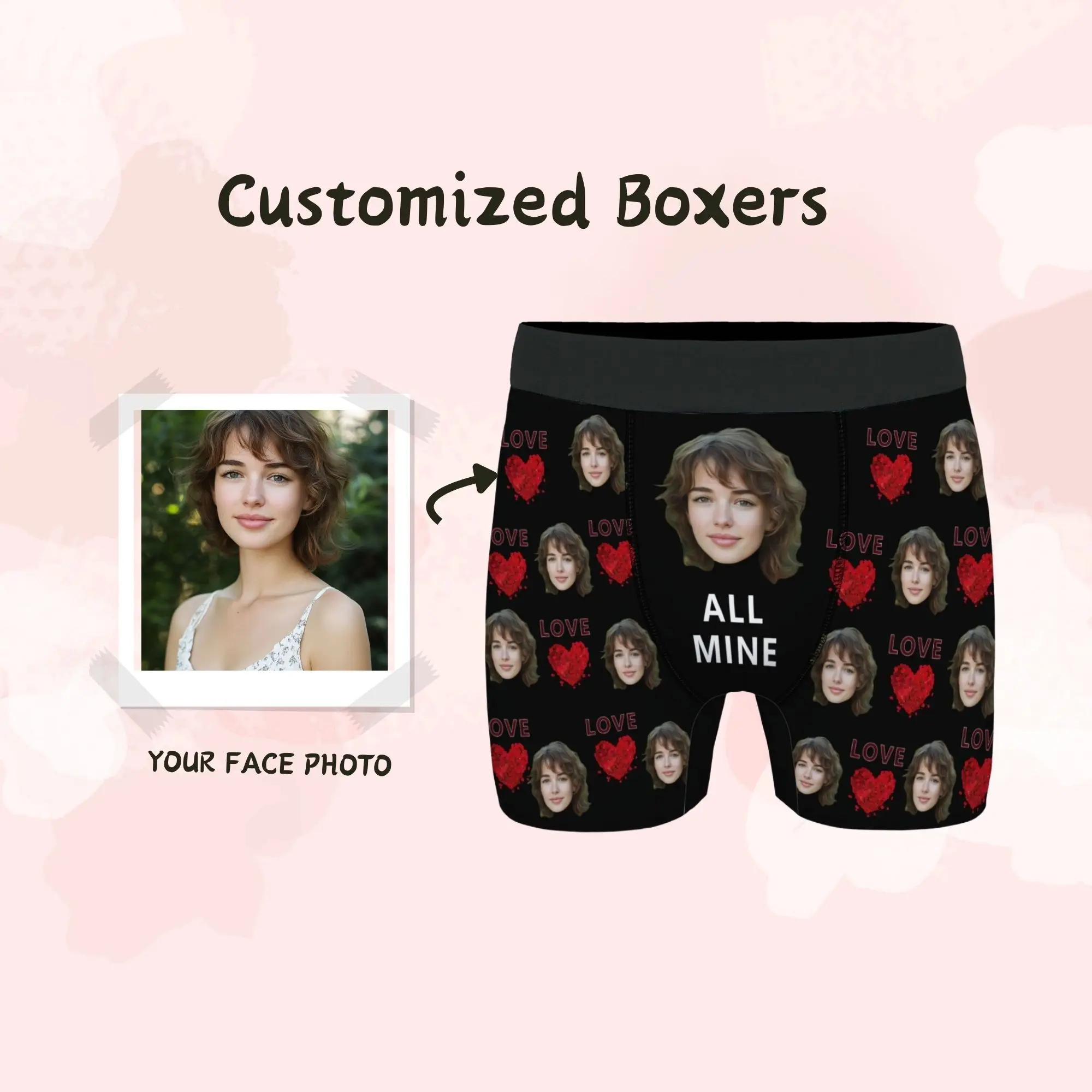

Персонализированный подарок на День святого Валентина, мужские трусы-боксеры с индивидуальным лицом, черный, красный, очаровательное сердце, «LOVE» и «ALL MINE», забавный уникальный подарок