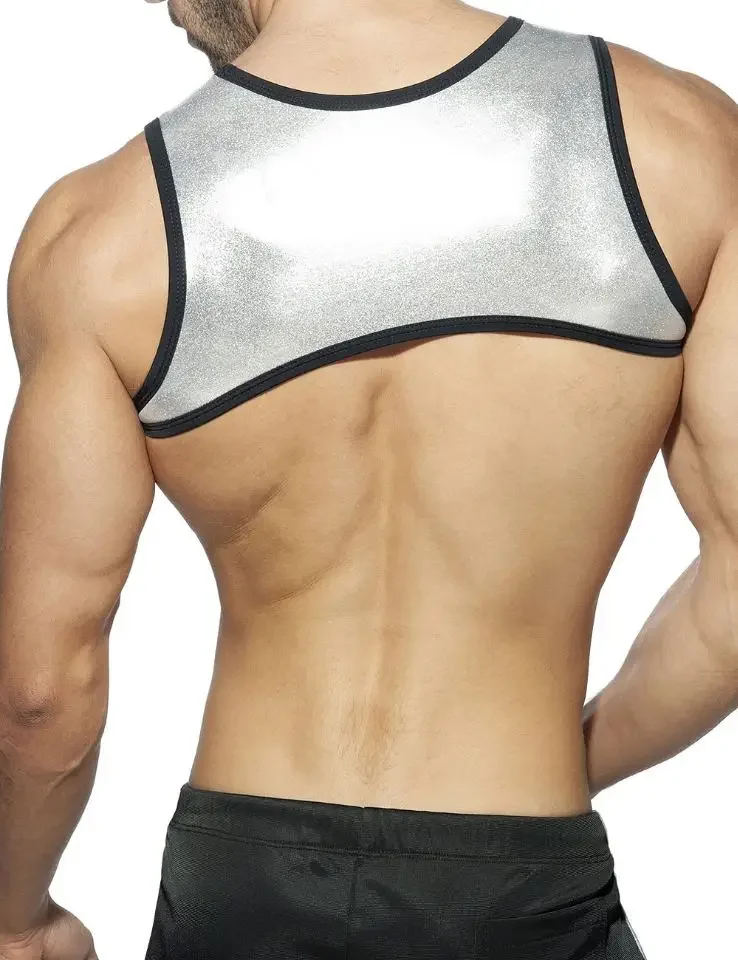 Men Body Shaper Harness Vest Shirt Tank Top Shapewear Show Chest Muscle Neoprene, Party Clip Harness Gay Underwear Gold & Silver