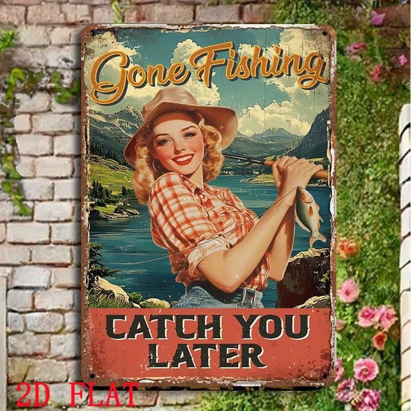 GLOBLELAND Vintage Fishing Lady Metal Tin Sign - Retro in Iron Wall Art with 