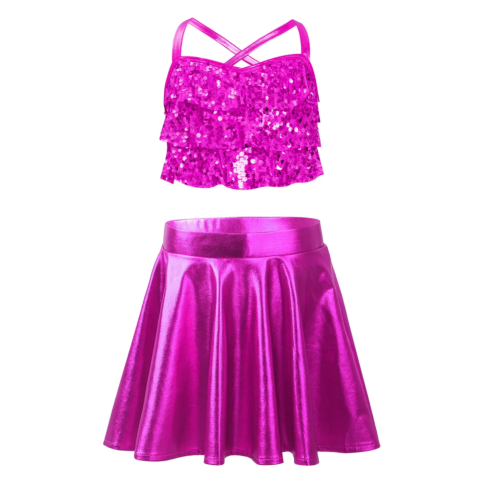 

2Pcs Kids Girls Cheerleading Jazz Dance Costume Sleeveless Shiny Sequins Tiered Ruffles Crop Top+Metallic Skirt for Competition