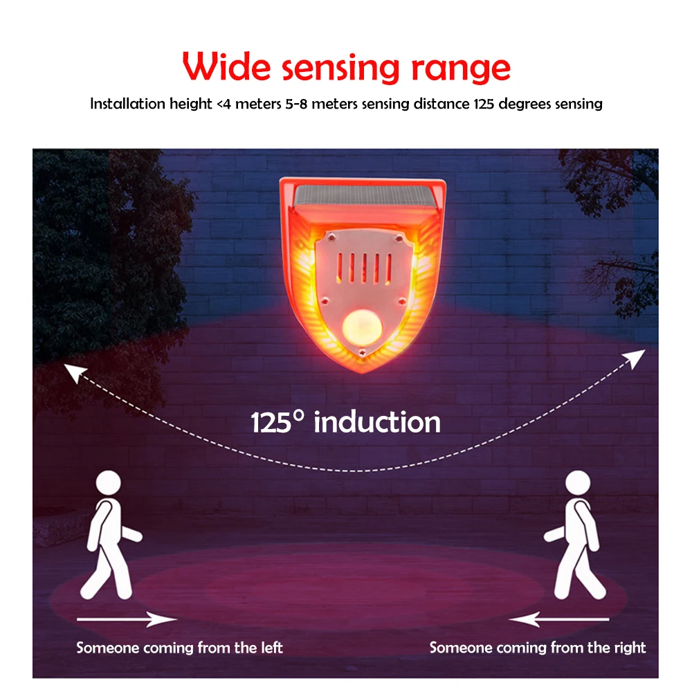 Detector de alarma infrarrojo Solar, para familia dispositivo antirrobo, repelente de animales de granja, carga Solar/enchufe de CC, alarma de luz de sonido fuerte