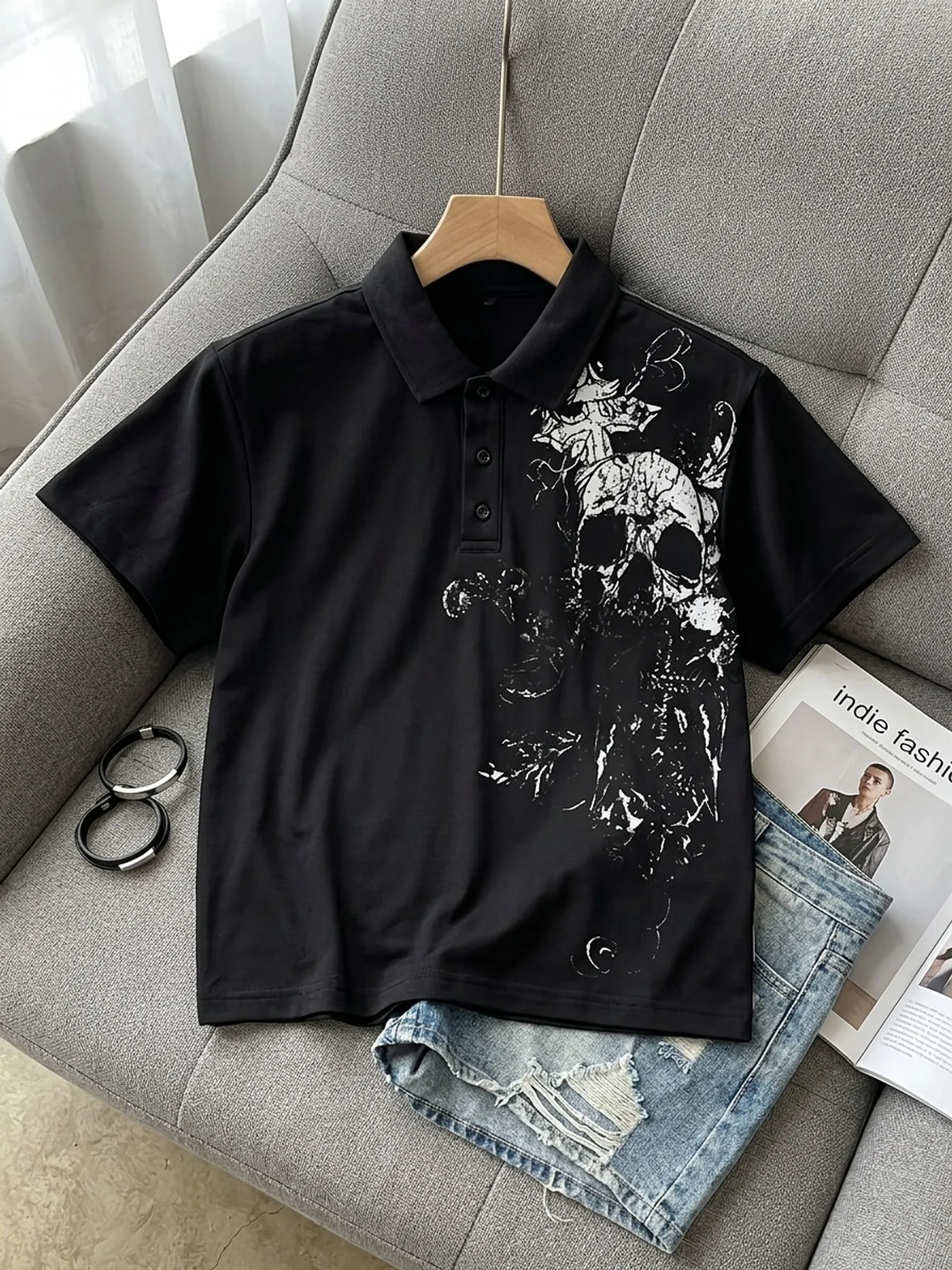 American Dark Style Trend Street Retro Skull Pattern Versatile Women's Summer Punk Style Printed Short Sleeved T-shirt