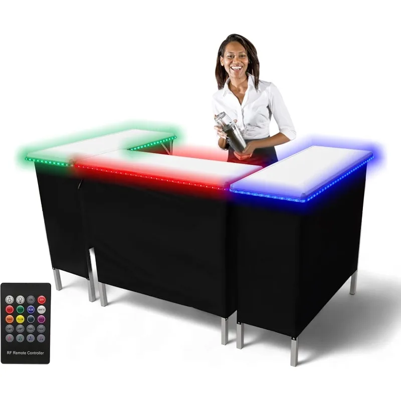 Christmas.Folding Portable Bar w/LED Lights, Wireless Remote, 2 Bar Skirts, Storage Shelf, & Carrying Case - Triple (White)