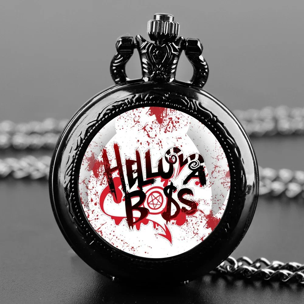 

Hot Anime Helluva Boss Glass Dome Pocket Watch with Chain Necklace Vintage Quartz Pendant Watches Mens Women Gifts for Kids