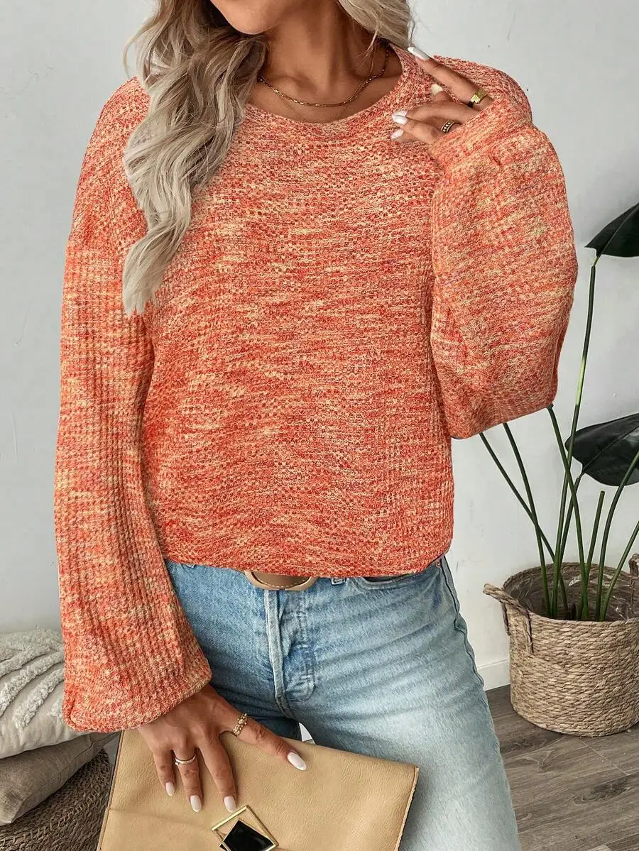 เสื้อสเวตเชิ้ตผ้าถักลายวาฟเฟิลสีส้มสำหรับผู้หญิง LUNE ทรงหลวม สไตล์ลำลองสำหรับฤดูใบไม้ร่วง