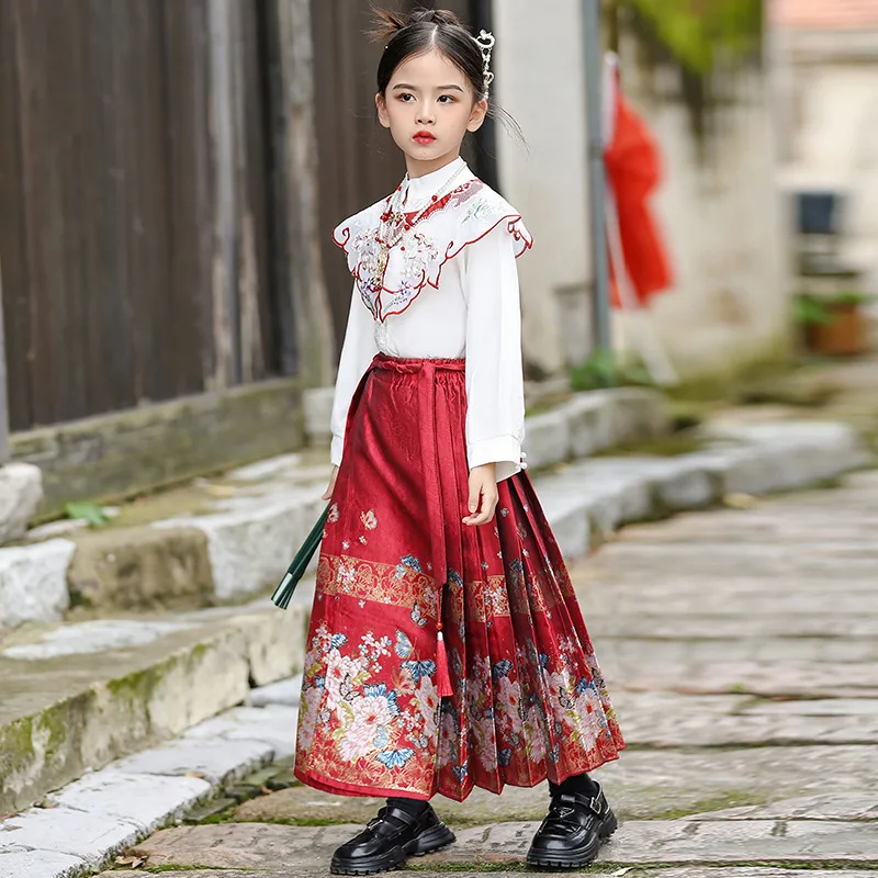 명나라 여성 우븐 한푸 원피스 세트, 중국 전통 의상, 소녀 말 얼굴 치마, 댄스복, 가족 코스프레 의류