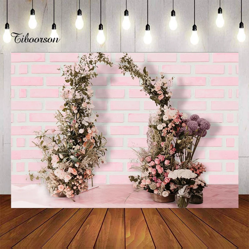 Pink Floral Photography Backdrop Valentines Day Arch Brick Wall Wedding Bridal shower Engagement Studio Photoshoots Background