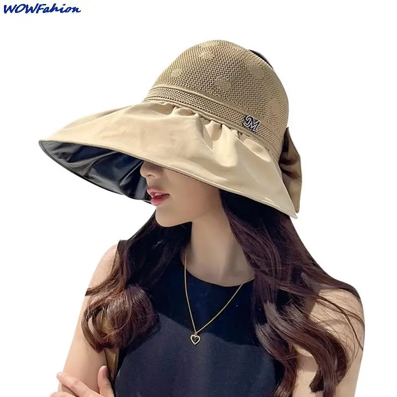 Women Empty Top Hat Bow Big Edge Face-covering Sun Hat Foldable Cloth Hat Anti-ultraviolet Inner Black Glue Fisherman Hat