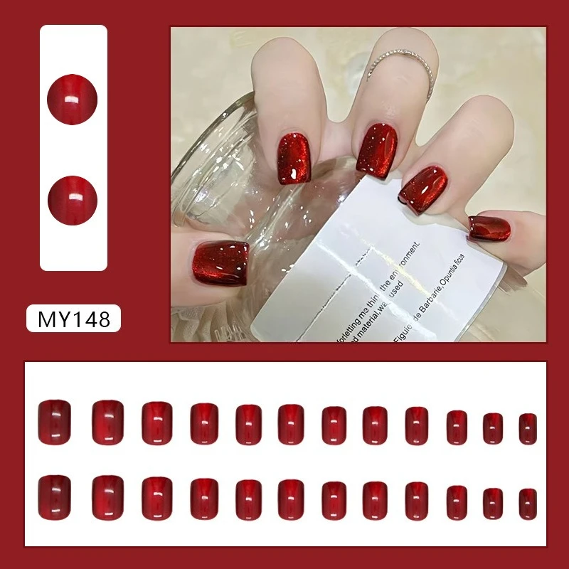 24 قطعة من الأظافر المزيفة الصلبة الحمراء مع علامات تبويب لاصقة عين القطة جميلة من الأكريليك اضغط على الأظافر القصيرة المربعة للعطلات أظافر لاصقة كاذبة