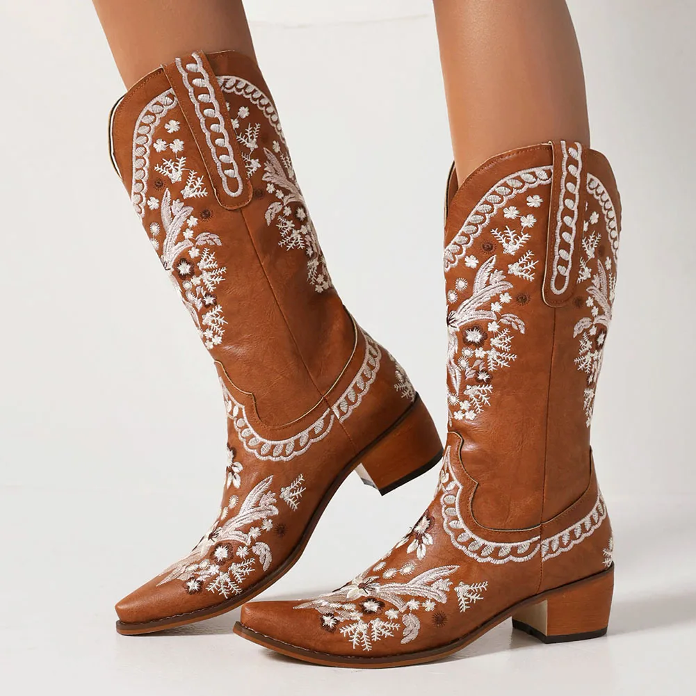 

Chunky High Heels Mid-calf Women Western Boots Winter New Embroider Retro Slip On Cowgirl Cowboy Booties Cmfort Ladies Shoes