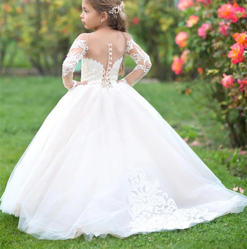 

White Flower Girl Dress Fluffy Tulle Lace Long Sleeve Wedding Children's First Holy Communion Birthday Party Dress Ball Gowns