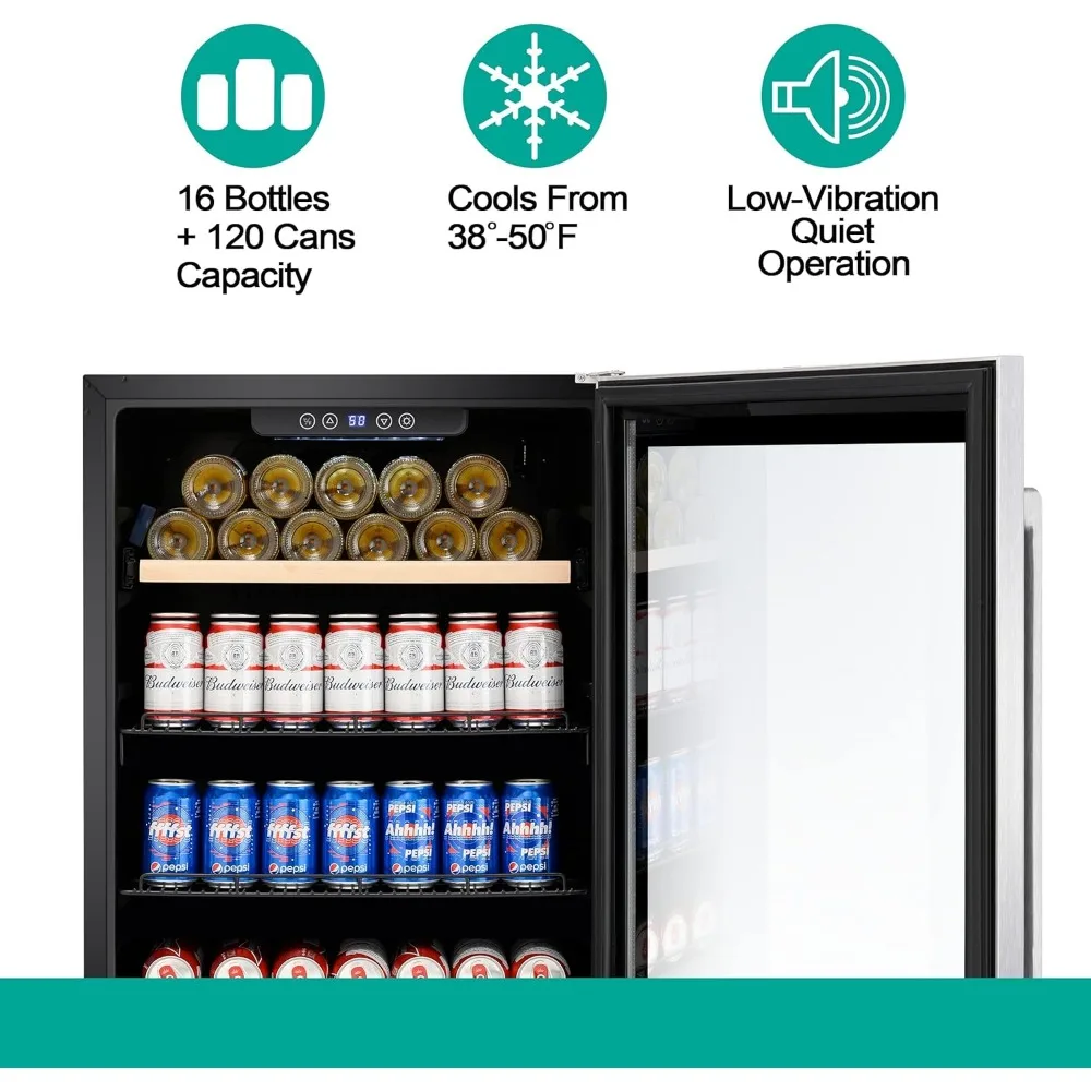 Mini Fridge 24” Beverage and Wine Cooler Built-in or Freestanding - 118 Cans & 16 Bottles