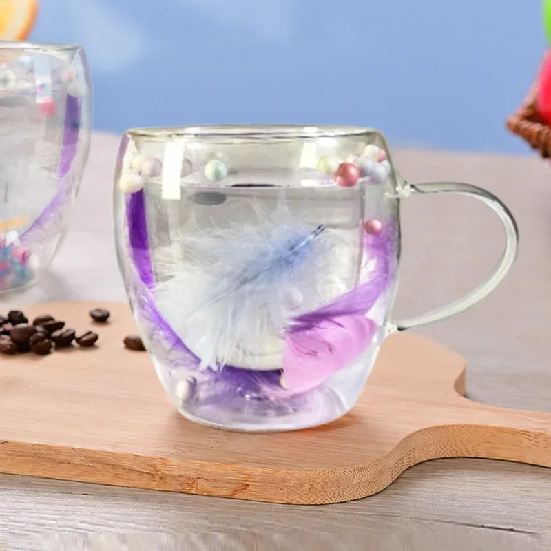 250/350ml Double-layer Glass Coffee Cup with Feather Design Clear Heat-resistant Glass Mug Household Office Cups Creativity Gift