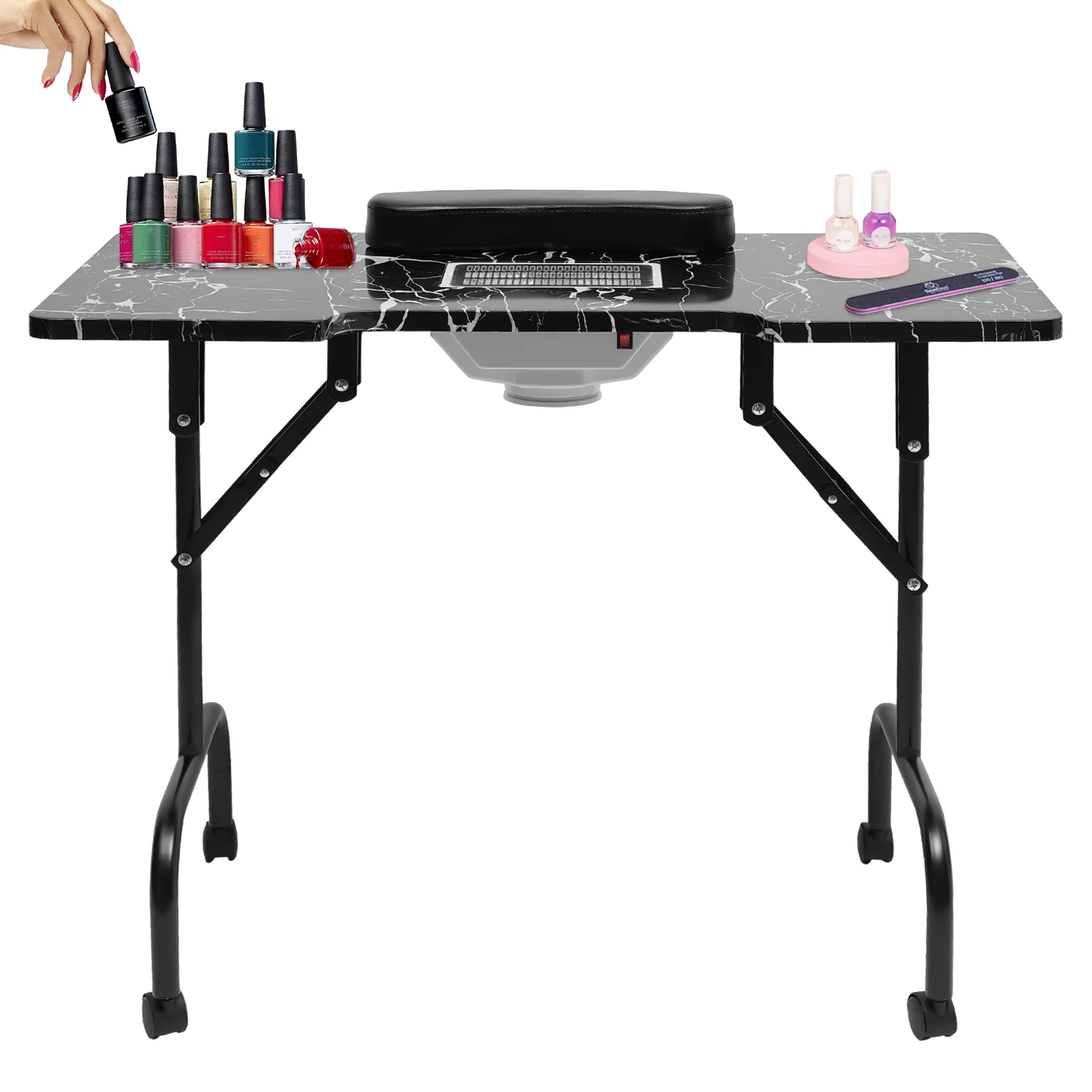 Portable & Foldable Manicure Table Nail Desk Workstation with Suction/Client Wrist Pad/Controllable Wheels for Spa Beauty Salon