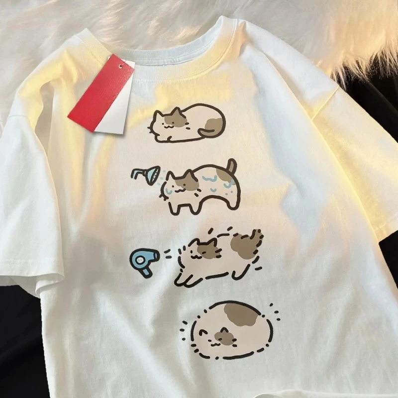 Camiseta de manga corta con bonito dibujo de gato de baño para mujer, camiseta informal holgada de verano transpirable, secador de pelo, camiseta pura para pareja a la moda