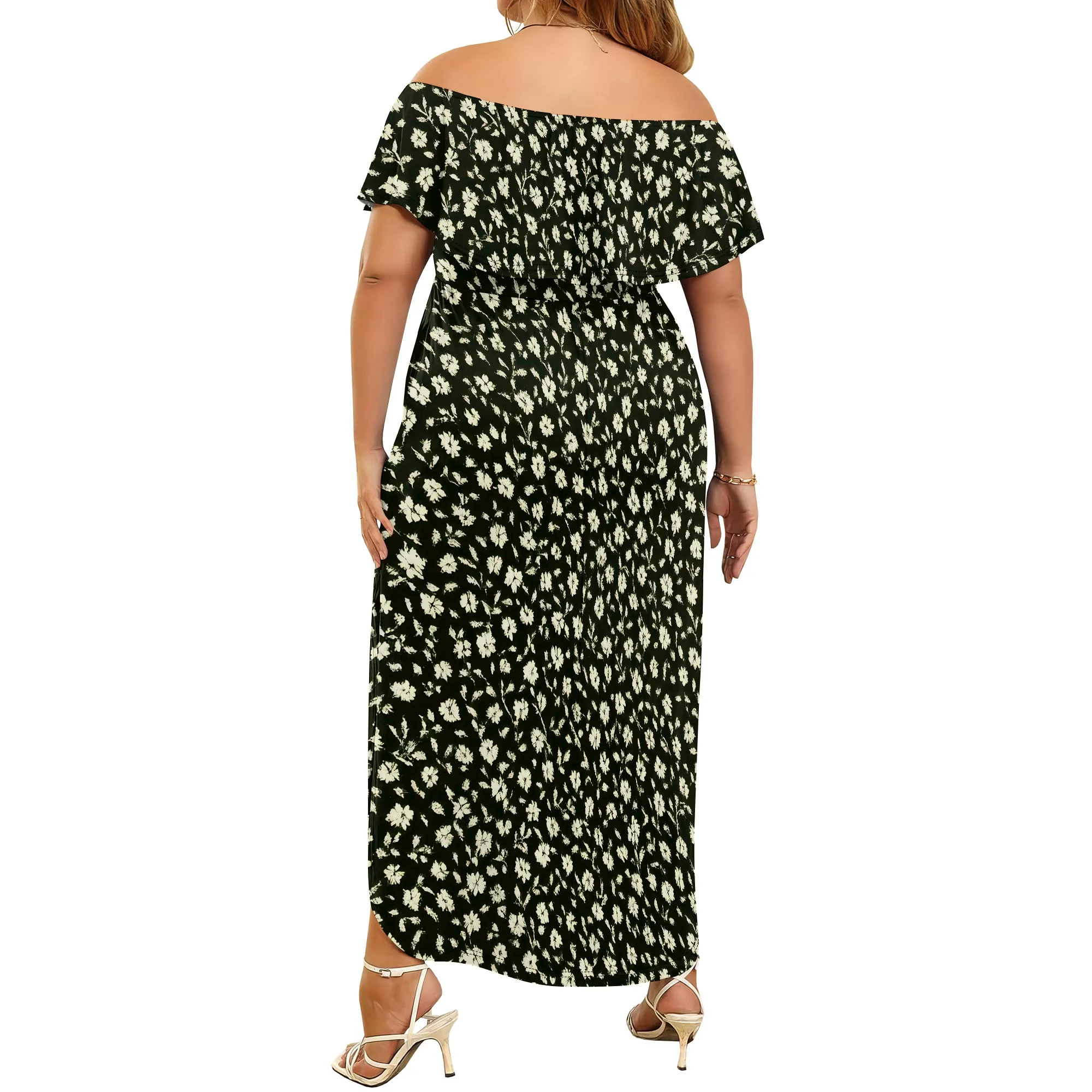 Plus Size Summer Dresses - Boho Casual Off Shoulder Floral Long Maxi Dress with Pockets