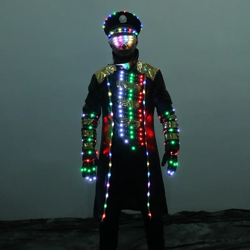 

Stage Nightclub Costume Men Captain Cosplay Party LED Futuristic Clothing Light Up Coat Hat Glasses Gloves Festival Show Outfit