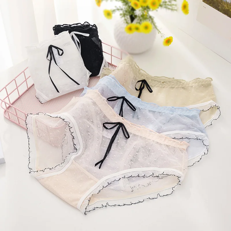 Japanese Cute Mesh Low Waist Transparent Lace Sweet Bow Tie Solid Color Perspective Triangle Pants Underwear WOMEN Panties