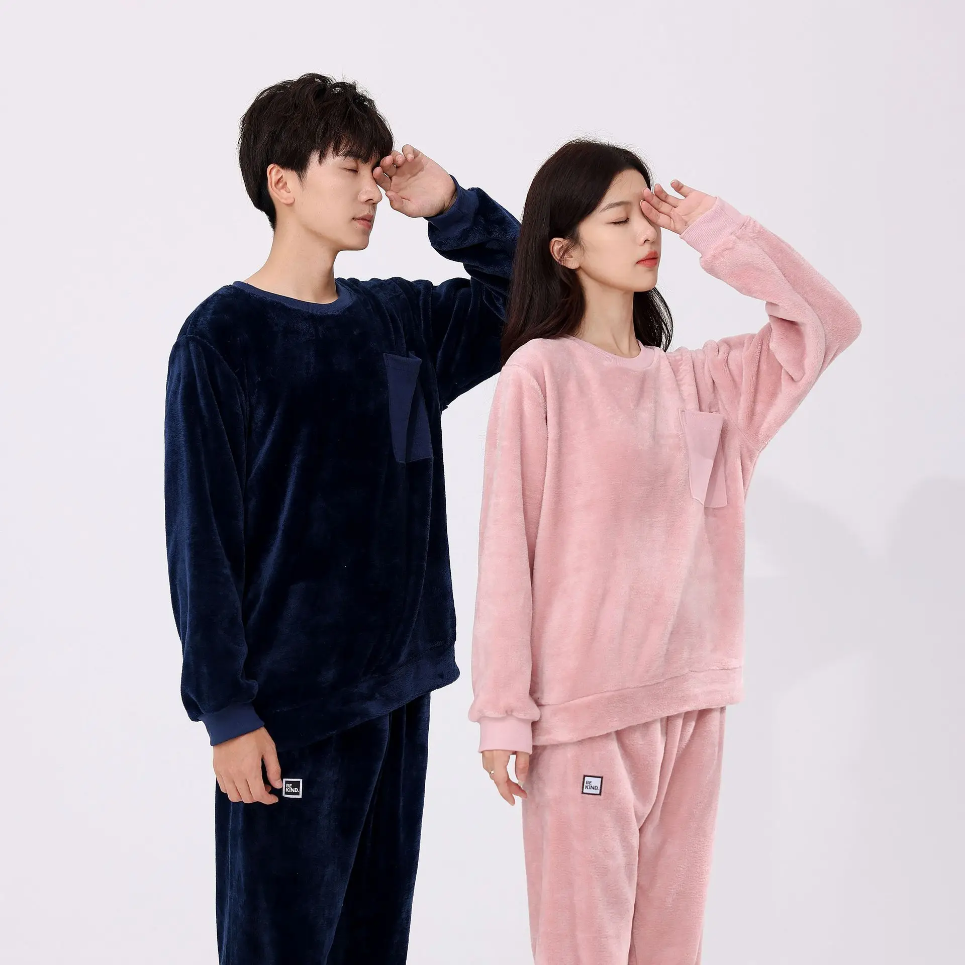 Long Sleeves Casual Home Clothes Winter Flannel Pullover Lovers Sleep Suit Nightwear Loose Solid Color Homewear Pajamas Set