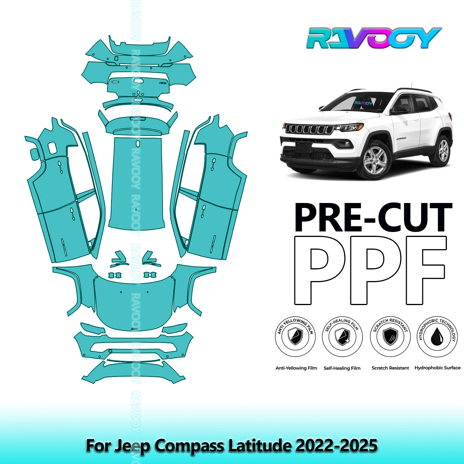 RAVOOY 8.5Mil Custom-Fit Precut TPU PPF Full Vehicle Clear Bra Stone Guard EU UK For Jeep Compass Latitude 2022-2026
