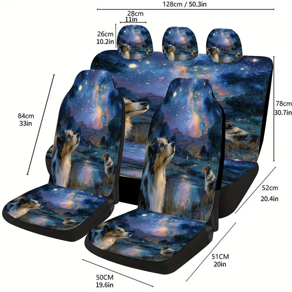 A Themed Car Seat Cover Set Featuring A Starry Sky And Australian Shepherds Gazing At The Milky Way, Suitable For Most Cars. Thi