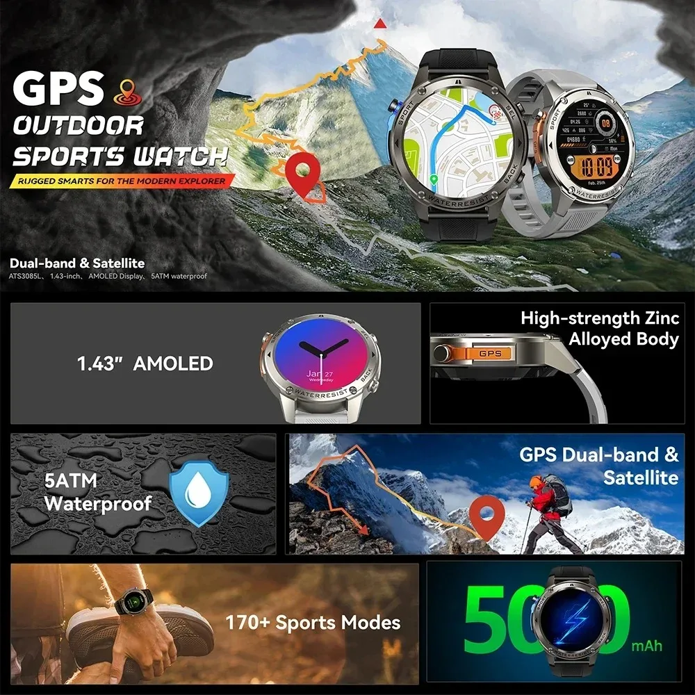 2025 جديد نظام تحديد المواقع عبر الأقمار الصناعية ساعة ذكية الرجال 500 mAh 1.43 بوصة AMOLED 5ATM مقاوم للماء معدل ضربات القلب الرياضة في الهواء الطلق Smartwatch