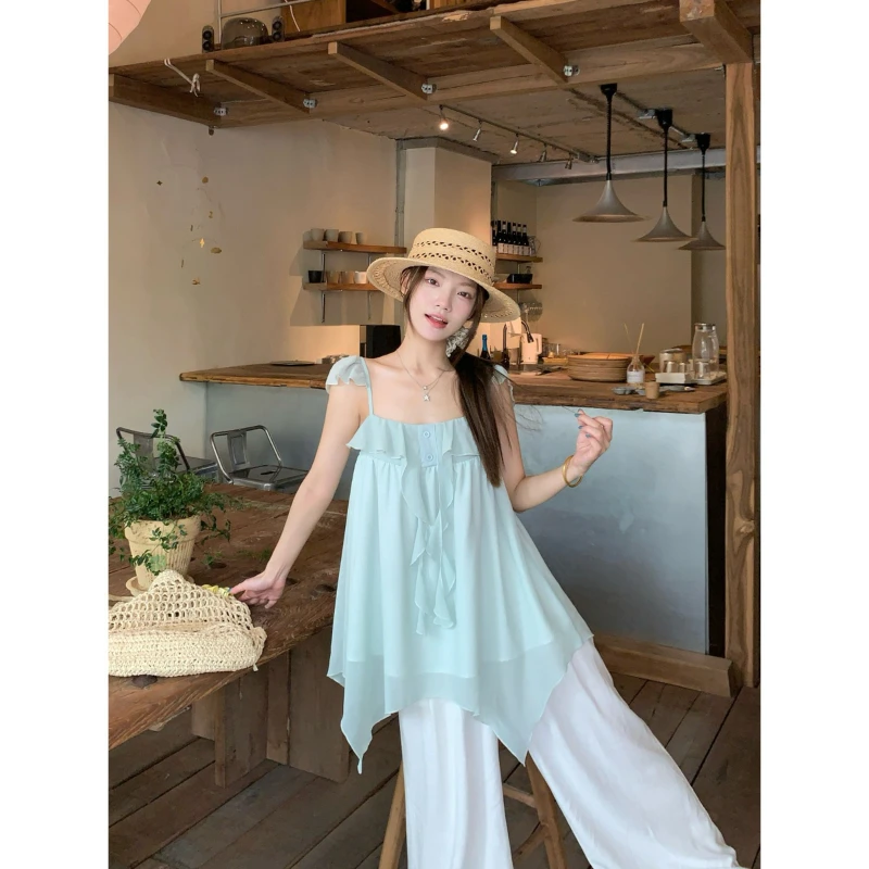 2026 Summer New Style Fashionable Ruffle Edge Irregular Small Fly Sleeves Lazy Cover Meat Unique Design Sense Top for Women
