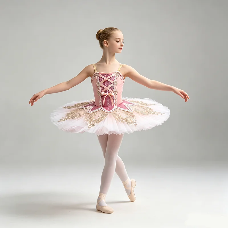Girls Pink Gold Professional Ballet Tutu Dress Lace Up Back Bow Detail Hard Tulle Skirt with Golden Embroidery for Stage