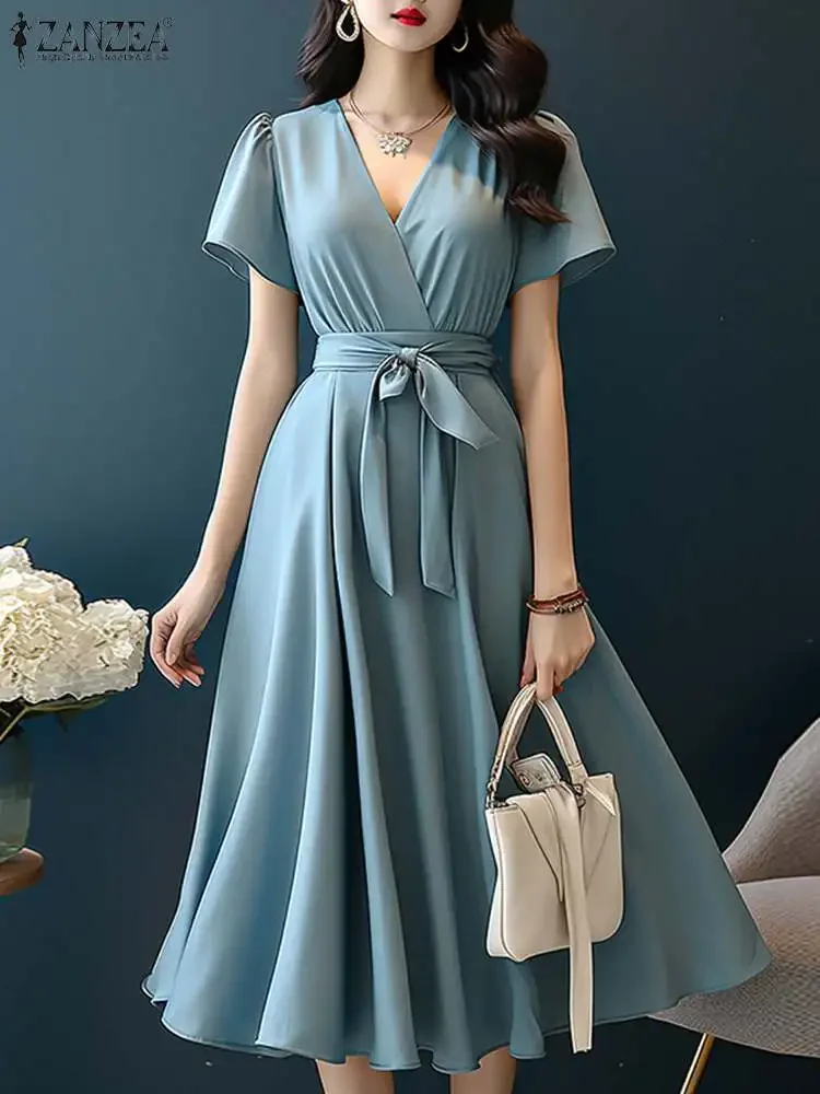 

ZANZEA 2024 Elegant Short Sleeve A-line Dresses Women Fashion Solid Color Holiday Belted Vestidos Casual V Neck Midi Sundress