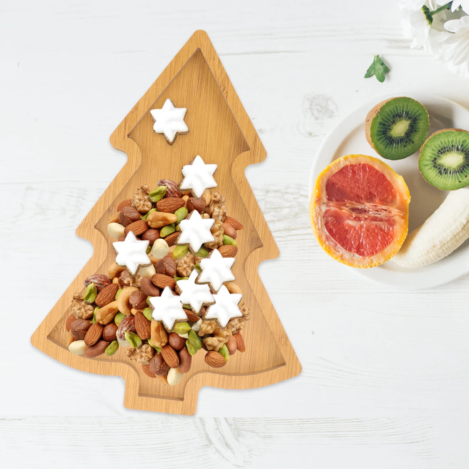 

Wooden Christmas Tree Shaped Serving Plate Snack Tray Fruit Dessert Dish Party Appetizer Plate Holiday Gathering Tableware