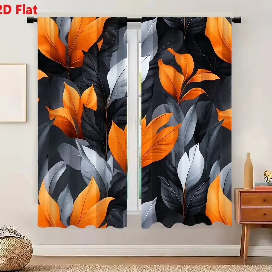 2Pcs Curtains 2D Flat Seamless Abstract Leaf Pattern With Vibrant Orange Charcoal Grey And Silver Leaves On Dark Background Wind