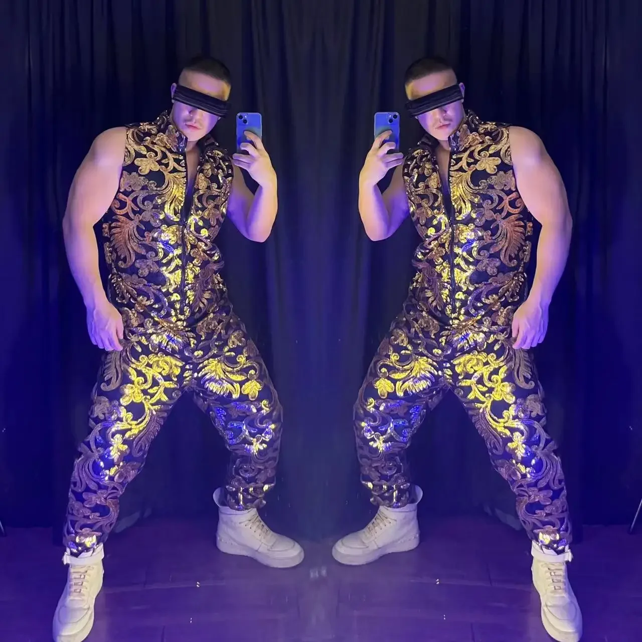 

Hip Hop Costume Dancer Groups Singer Performance Bar Nightclub Stage Wear Sleeveless Glitter Laser Sequins Jumpsuit