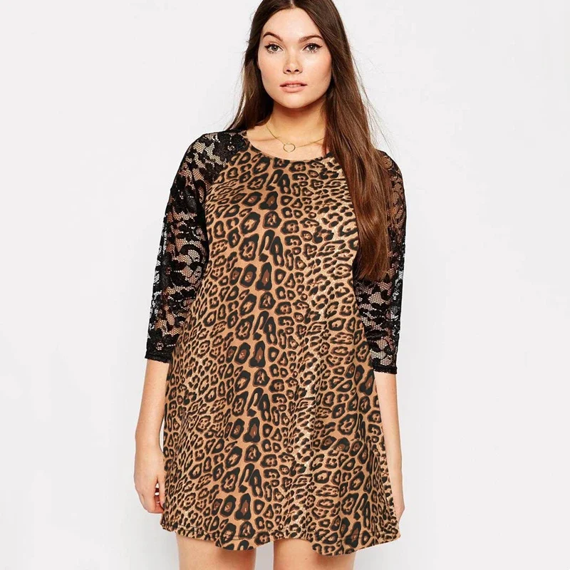 

Plus Size Spring Autumn Casual Leopard Dress 3/4 Lace Sleeve Loose Tunic Dress Female Large Size Swing Dress 4XL 5XL 6XL 7XL 8XL