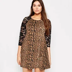 Plus Size Wiosna Jesień Casual Leopard Dress 3/4 Lace Sleeve Loose Tunic Dress Female Large Size Swing Dress 4XL 5XL 6XL 7XL 8XL