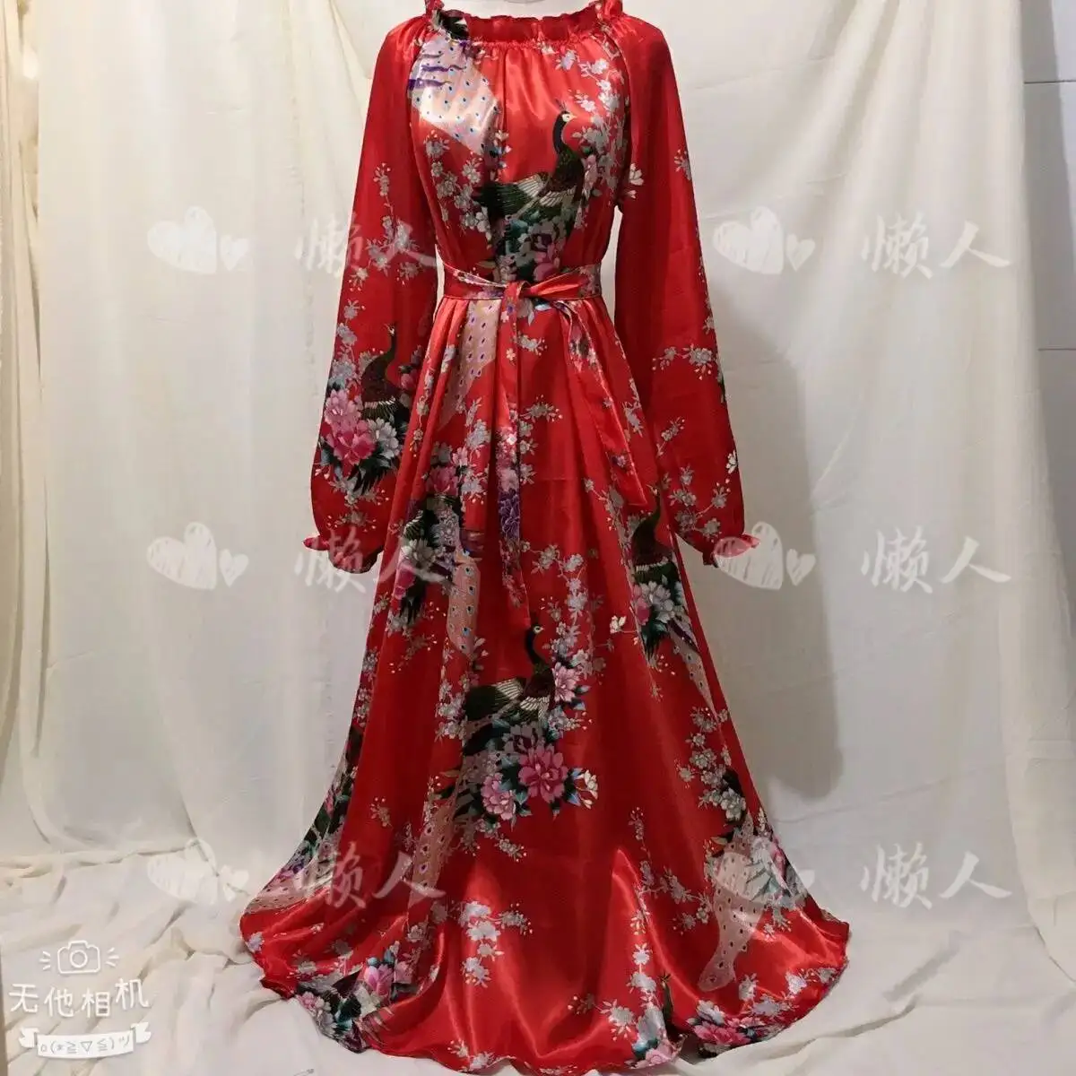 

Glossy Bird Print Women Satin Long Sleeve Dress With Sash Loose Maxi dress Plus Size Sleeping Robe