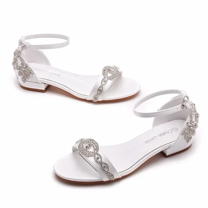 Women Sandals Fashion Sexy Rhinestone Silk 2CM Flat Heels Buckle Strap Bride Wedding Women\'s Shoes White Women Dress Sandals