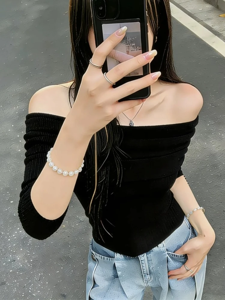 Korean Gentle Off‑Shoulder Knit Women Pullover Fall Winter Slim‑Flattering Sweater Stylish Long‑Sleeve Versatile Layering Tops