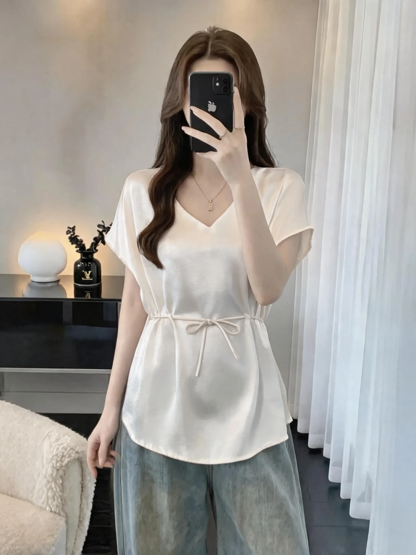 

Acetate Satin V-neck Short Sleeve Shirt Women's Style Summer 2026 plus Size Slimming Belted Waist Cinched Base Top