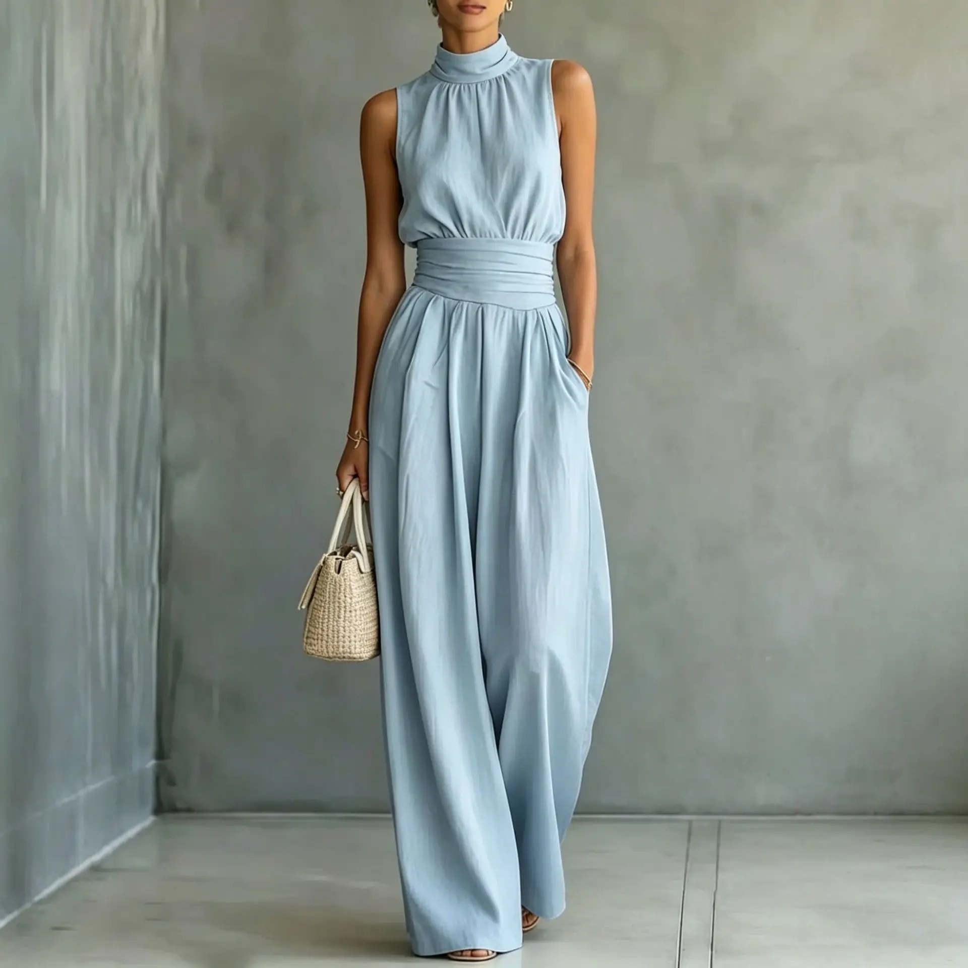 New in Women's Jumpsuits Elegant Solid High Waist Rompers Casual Wide Leg Pants Pocket Overalls Vacation Outfit Loose