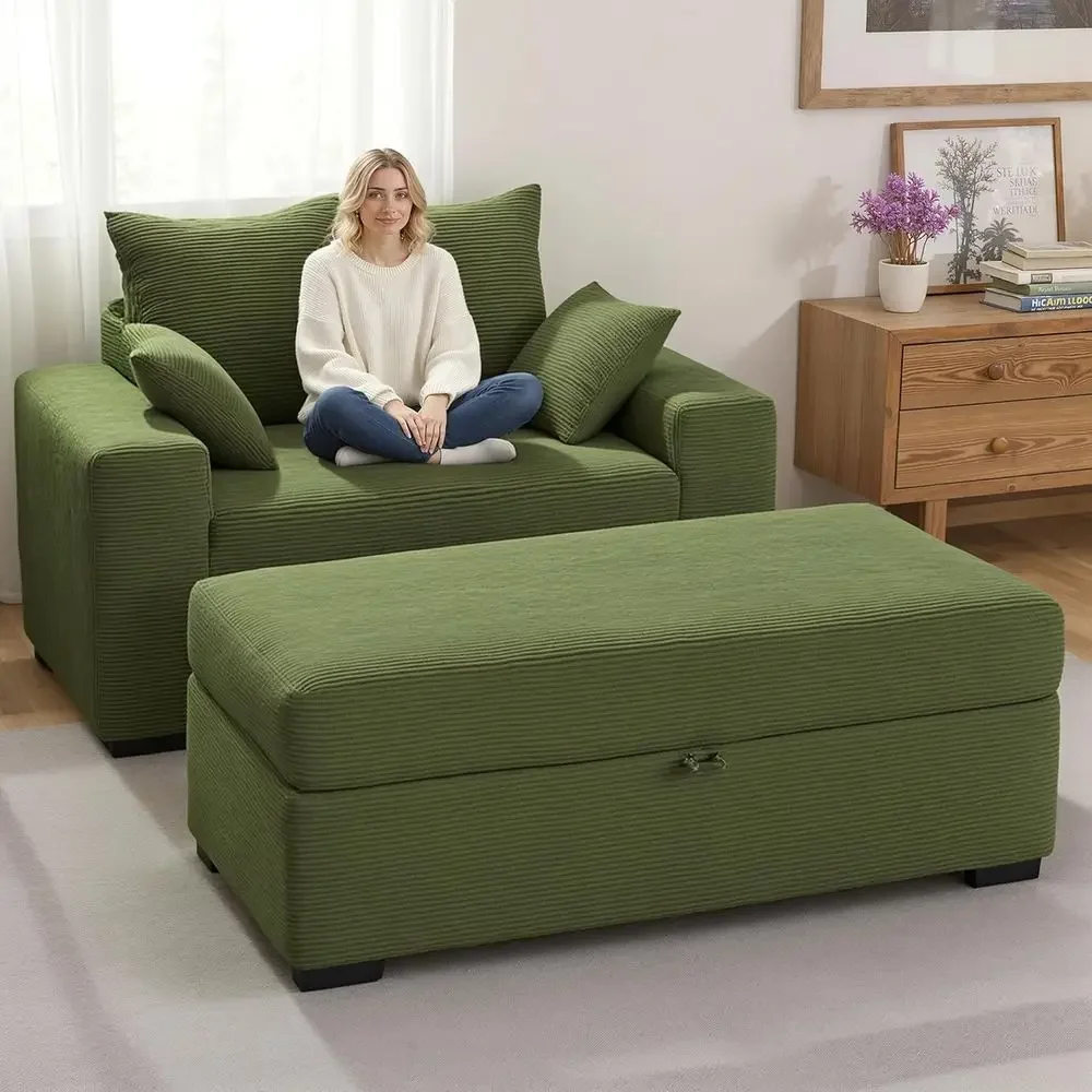 

60-Inch Wide Armrest Chaise Lounge Chair with Storage Ottoman, 4 Pillows, Green Corduroy for Reading or Living Spaces