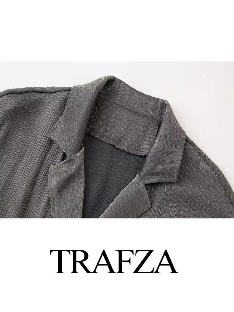 TRAFZA-Conjunto casual de 2 peças para mulheres, gola virada para baixo, cardigã de manga comprida, bolso, efeito enrugado, elástico na cintura, calças largas, verão