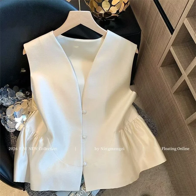 New Loose Cardigan Pearl V-neck Ruffled Sleeveless Vest Jacket Women's Spring and Summergentle Temperament Age-reducing Vest Top