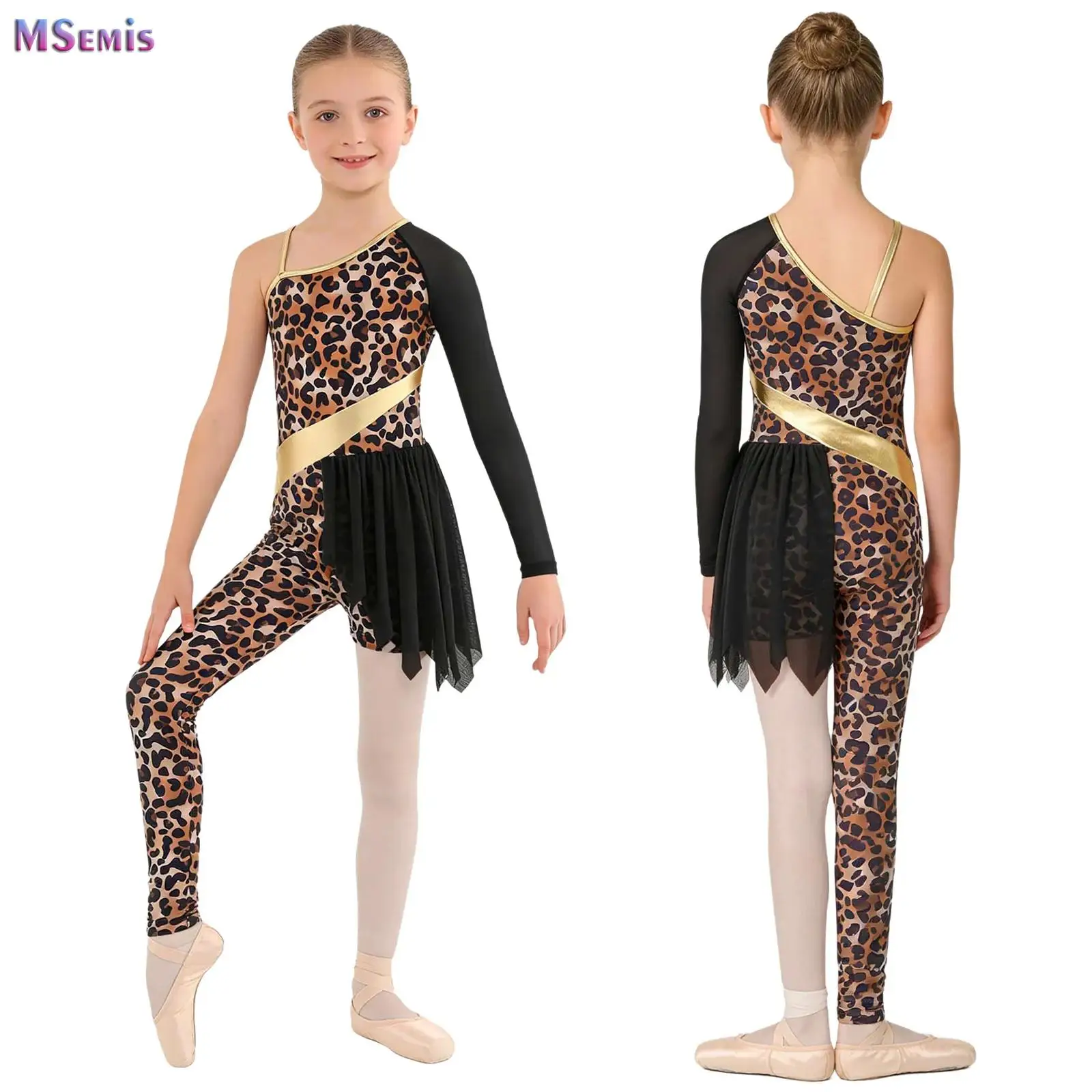 

Kids Girls Prehistoric Cave Costume Ballet Dance Gymnastics Leotards Asymmetrical Leopard Jumpsuit Halloween Performance Clothes
