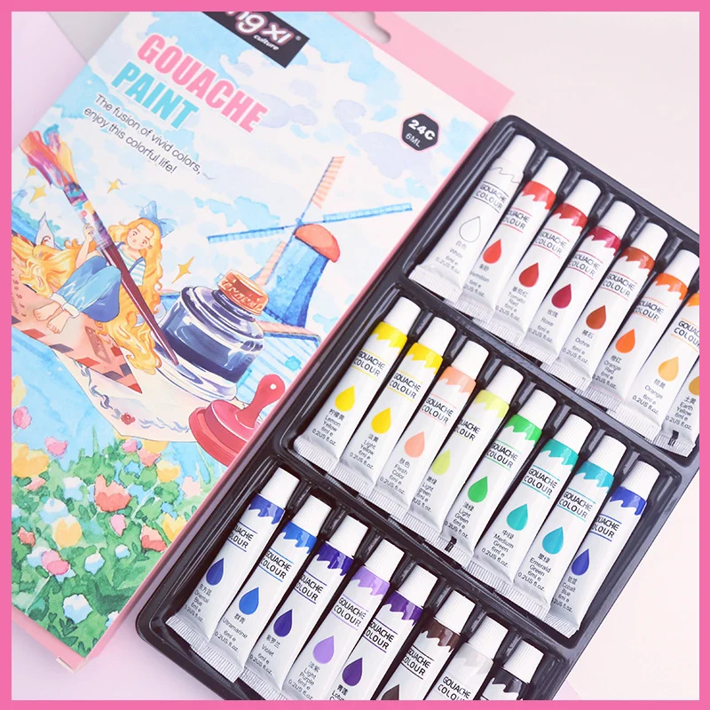 12/18/24 Colors Gouache Paint Set Water-Based Pigments for Canvas, Wood, Craft DIY Painting (Net:6ml/Tubes)